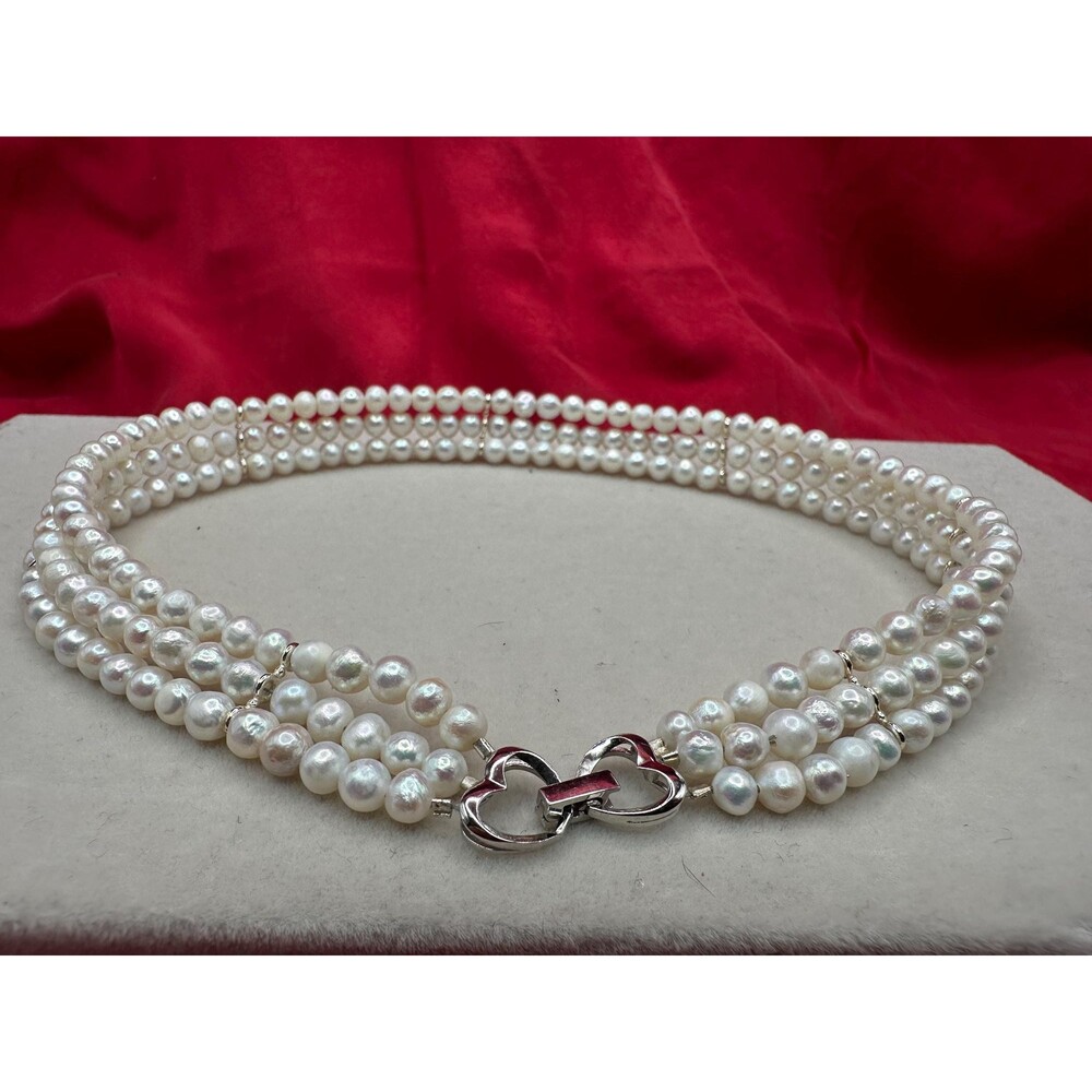 Triple-Strand Freshwater Pearl Collar, 925 sterling silver, White natural pearl